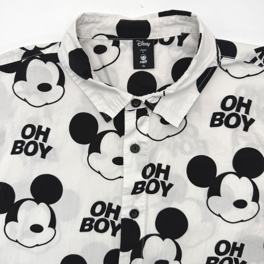 Neff Button Front Shirt Mens XL White Mickey Mouse Oh Boy Disney Streetwear Top